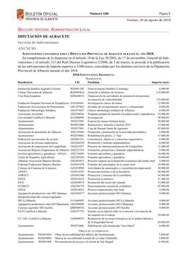 DIPUTACIÓN DE ALBACETE Servicio De Subvenciones ANUNCIO Subvenciones Concedidas Por La Diputación Provincial De Albacete Durante El Año 2018