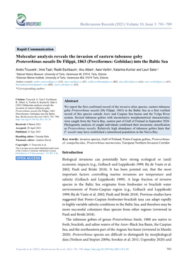 Molecular Analysis Reveals the Invasion of Eastern Tubenose Goby Proterorhinus Nasalis De Filippi, 1863 (Perciformes: Gobiidae) Into the Baltic Sea