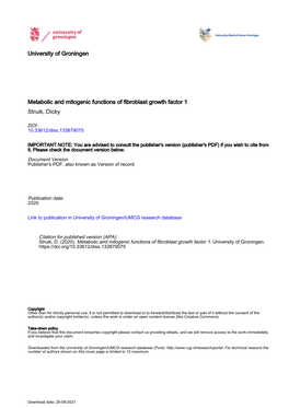 Metabolic and Mitogenic Functions of FGF1