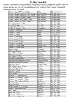 Testing Locations Contact the Institution for Testing Availability; Schools Often Close Sites to Students Not Attending That School at Various Points of the Year