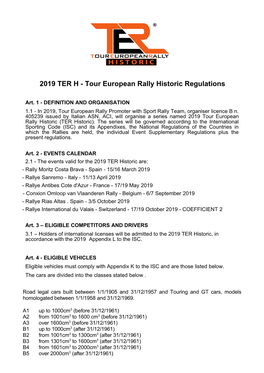 2019 TER H - Tour European Rally Historic Regulations