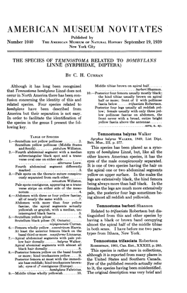 AMERICAN MUSEUM Novitares Published by Number 1040 the AMERICAN MUSEUM of NATURAL HISTORY September 19, 1939 New York City