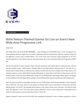 Willie Nelson-Themed Games Go Live on Everi's New Wide-Area