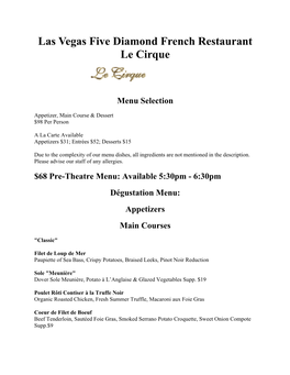 Las Vegas Five Diamond French Restaurant Le Cirque Menu Selection