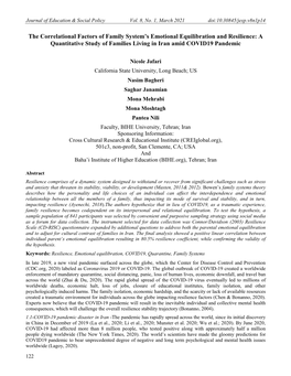 The Correlational Factors of Family System’S Emotional Equilibration and Resilience: a Quantitative Study of Families Living in Iran Amid COVID19 Pandemic