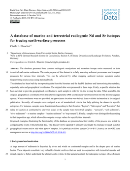 A Database of Marine and Terrestrial Radiogenic Nd and Sr Isotopes for Tracing Earth-Surface Processes Cécile L