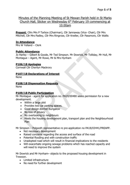 Minutes of the Planning Meeting of St Mewan Parish Held in St Marks Church Hall, Sticker on Wednesday 6Th February 19 Commencing at 10.00Am