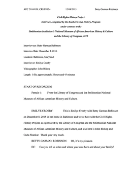 CRHP0124 12/08/2015 Betty Garman Robinson Civil Rights History