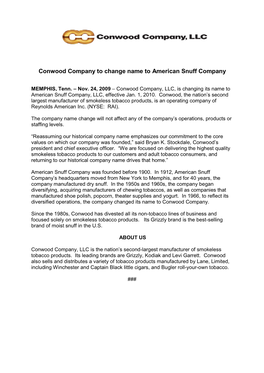 Conwood Company to Change Name to American Snuff Company