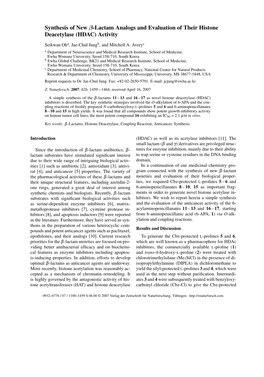 Synthesis of New Β-Lactam Analogs and Evaluation of Their Histone Deacetylase (HDAC) Activity