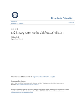 Life History Notes on the California Gull No.1 D Elden Beck Brigham Young University