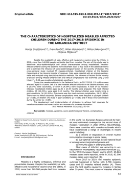 Original Article UDC: 616.915-053.2-036(497.11)“2017/2018“ Doi:10.5633/Amm.2020.0207