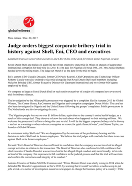 Judge Orders Biggest Corporate Bribery Trial in History Against Shell, Eni, CEO and Executives