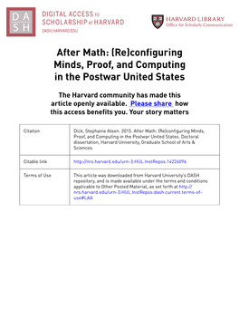 After Math: (Re)Configuring Minds, Proof, and Computing in the Postwar United States