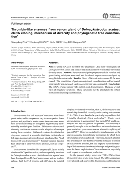 Thrombin-Like Enzymes from Venom Gland of Deinagkistrodon Acutus: Cdna Cloning, Mechanism of Diversity and Phylogenetic Tree Construc- Tion1