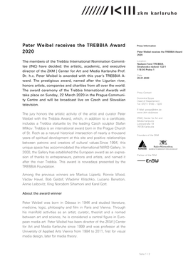 Peter Weibel Receives the TREBBIA Award 2020