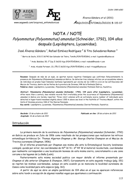 NOTA / NOTE Polyommatus (Polyommatus) Amandus (Schneider, 1792), 104 Años Después (Lepidoptera, Lycaenidae)