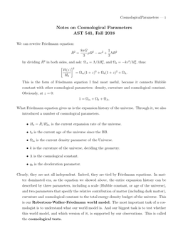 Cosmological Parameters AST 541, Fall 2018