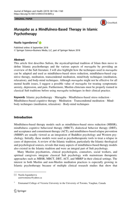 Muraqaba As a Mindfulness-Based Therapy in Islamic Psychotherapy