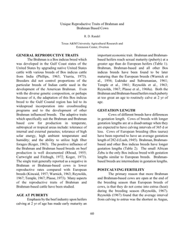 Unique Reproductive Traits of Brahman and Brahman Based Cows