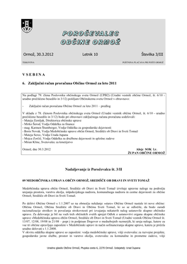 VSEBINA 6. Zaključni Račun Proračuna Občine Ormož Za Leto 2011