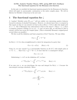 1 the Functional Equation for Ζ