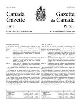 Canada Gazette, Part I, on Projets De Loi D’Intérêt Privé a Été Publié Dans La Partie I De La April 8, 2006