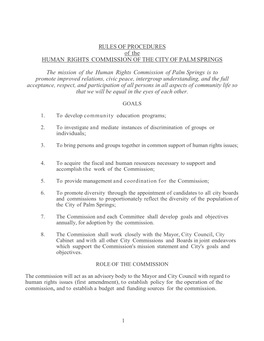 R ULES of PROCEDURES of the HUMAN RIGHTS COMMISSION of the CITY of PALM SPRINGS the Mission of the Human Rights Commission of Pa