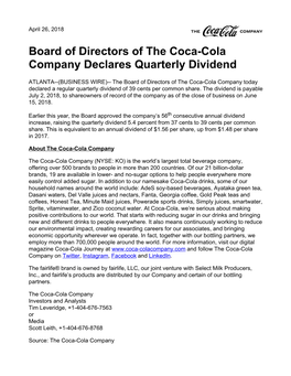 Board of Directors of the Coca-Cola Company Declares Quarterly Dividend