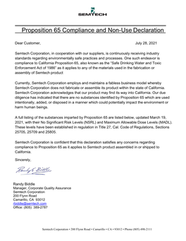 Proposition 65 Compliance and Non-Use Declaration