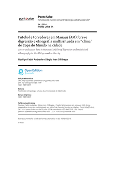 Ponto Urbe, 14 | 2014 Futebol E Torcedores Em Manaus (AM): Breve Digressão E Etnografia Multissitua