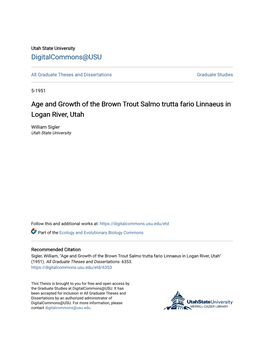 Age and Growth of the Brown Trout Salmo Trutta Fario Linnaeus in Logan River, Utah