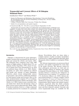 Trypanocidal and Cytotoxic Effects of 30 Ethiopian Medicinal Plants