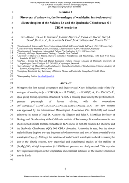 Revision 1 Discovery of Asimowite, the Fe-Analogue of Wadsleyite, In