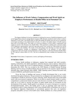 The Influence of Work Culture, Compensation and Work Spirit on Employee Performance of Health Office in in Pariaman City