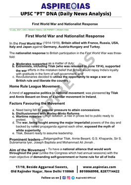 First World War and Nationalist Response