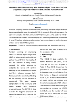 Issues of Random Sampling with Rapid Antigen Tests for COVID-19 Diagnosis: a Special Reference to Kalmunai RDHS Division