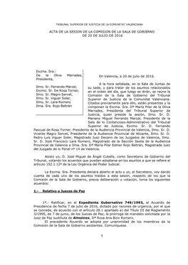 Acta De La Sesion De La Comision De La Sala De Gobierno De 20 De Julio De 2016