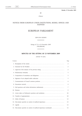 Minutes of the Sitting of 23 November 2009