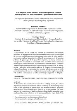 Las Tragedias De Los Famosos. Definiciones Públicas Sobre La Muerte Y Funerales Mediáticos En La Argentina Contemporánea