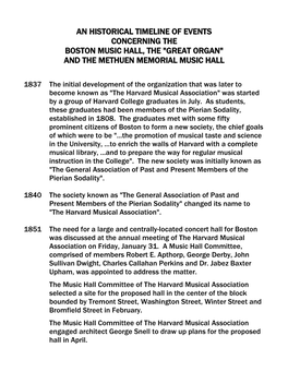 An Historical Timeline of Events Concerning the Boston Music Hall, the 