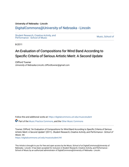 An Evaluation of Compositions for Wind Band According to Specific Criteria of Serious Artistic Merit: a Second Update