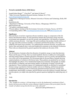 1 Toward a Metabolic Theory of Life History 1 2 Joseph Robert Burgera