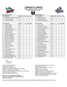 TONIGHT's LINEUP FRIDAY, MARCH 26, 2021 - 7:05 PM Prospera Place, Kelowna BC