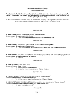 Descendants of John Orway for Twenty Generations