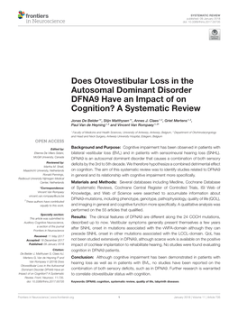 Does Otovestibular Loss in the Autosomal Dominant Disorder DFNA9 Have an Impact of on Cognition? a Systematic Review