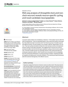 RNA-Seq Analysis of Drosophila Clock and Non- Clock Neurons Reveals Neuron-Specific Cycling and Novel Candidate Neuropeptides