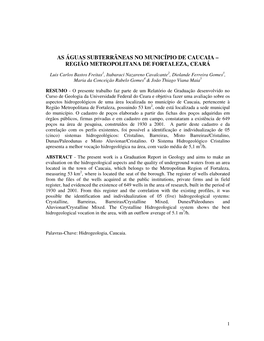 As Águas Subterrâneas No Município De Caucaia – Região Metropolitana De Fortaleza, Ceará