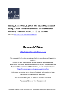 Phil Davis: the Process of Acting’, Critical Studies in Television: the International Journal of Television Studies, 13 (3), Pp