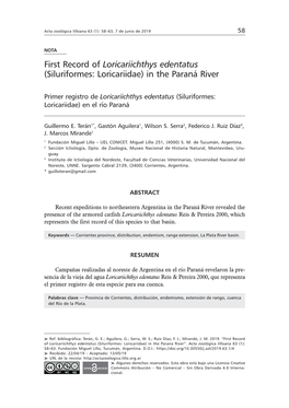 First Record of Loricariichthys Edentatus (Siluriformes: Loricariidae) in the Paraná River